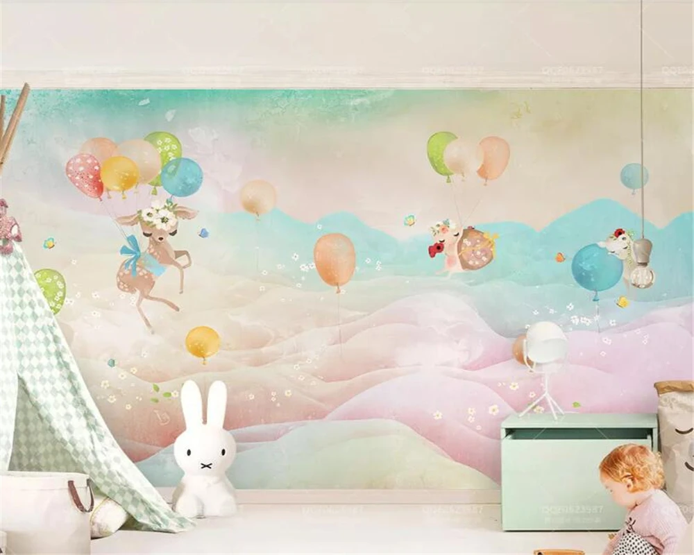 Beibehang カスタムかわいい子供の部屋の壁画壁紙漫画バルーン子鹿水彩