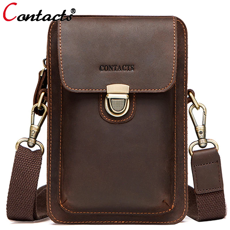 

Contact's Genuine Leather Waist Bag Men Shoulder Bag Phone Fanny Pouch Handbag Belt Bag Men Messenger Bag Hip Small