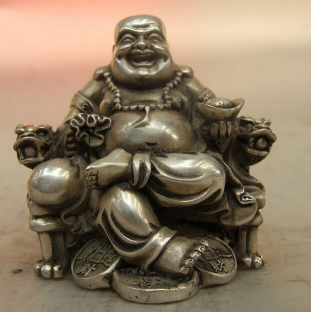 

USPS to USA S0976 Tibet Buddhism White Copper Silver Yuanbao Wealth Money Maitreya Buddha Statue (B0328)