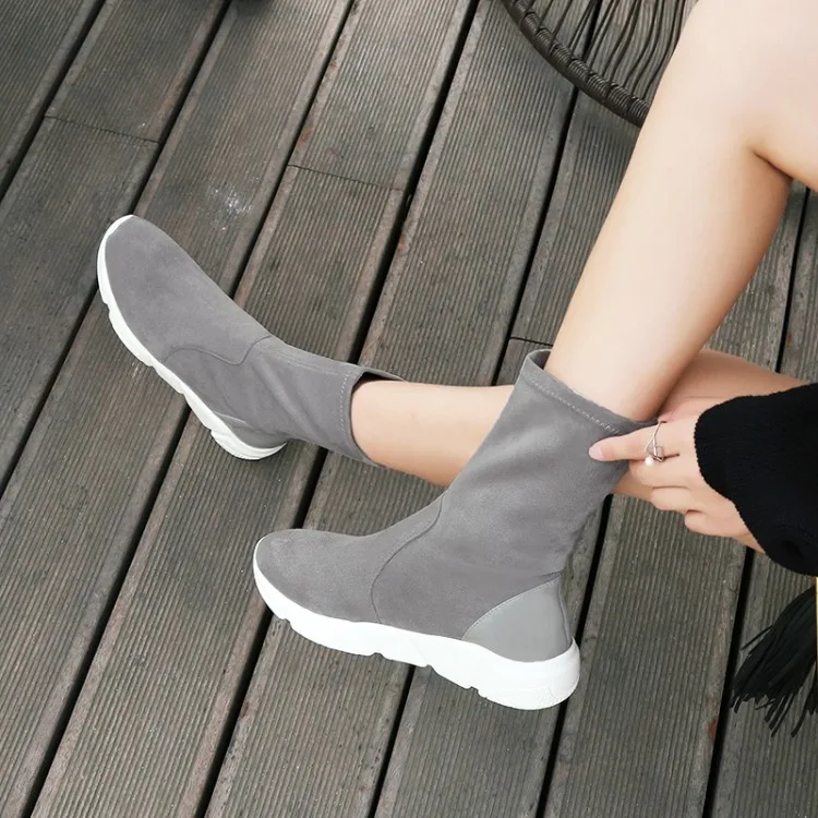 Flache {zorssar} Leder Kn Elastische Schuhe Frau chel 2018 Flock Winter SchwarzGrau Warme Schneeschuhe Neue Ankunft Frauen Komfort UqzMVpGS