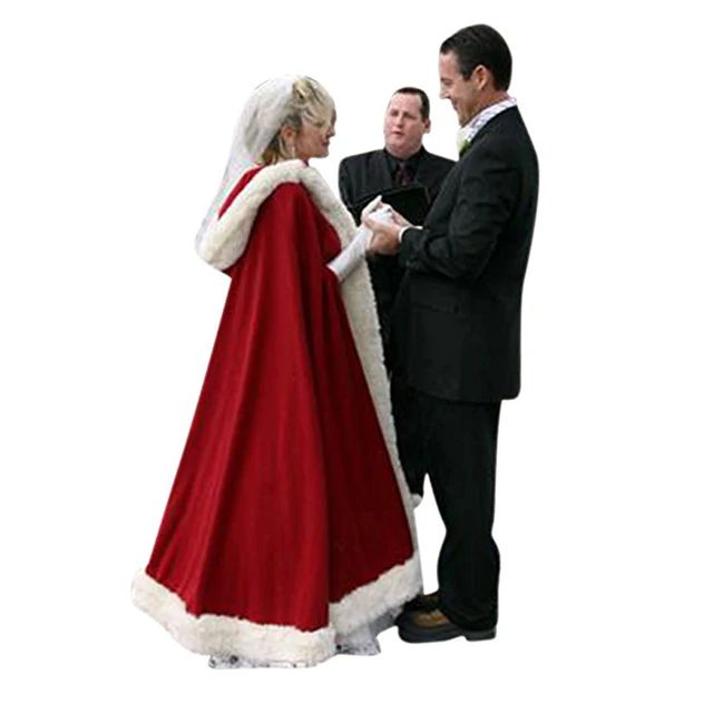 Disc Satin Fur Trim Christmas Red Bridal Cape Wedding Cloak Wrap Stole Wedding Cape Hooded Cloak for Bride Winter