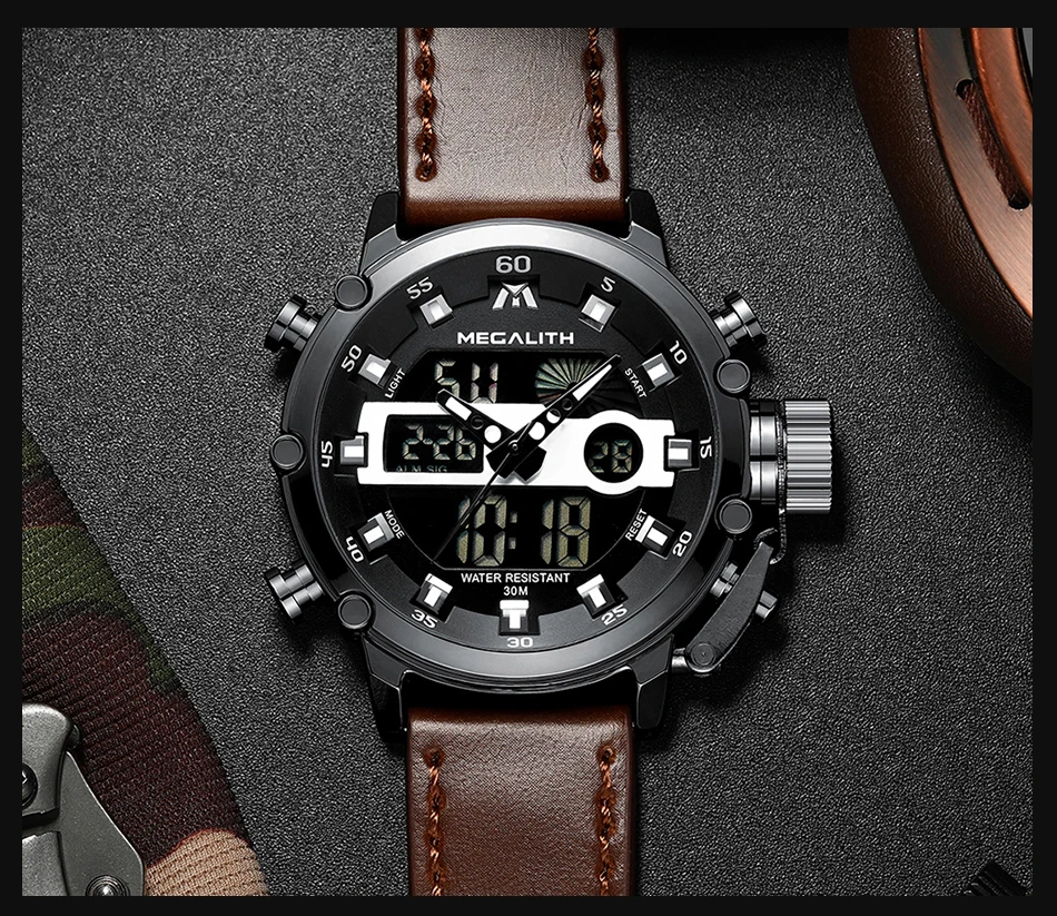 MEGALITH Men Sports Quartz Watch Men Multifunction Waterproof Luminous Wristwatch Men Dual Dispay Clock Horloges Mannen With Box