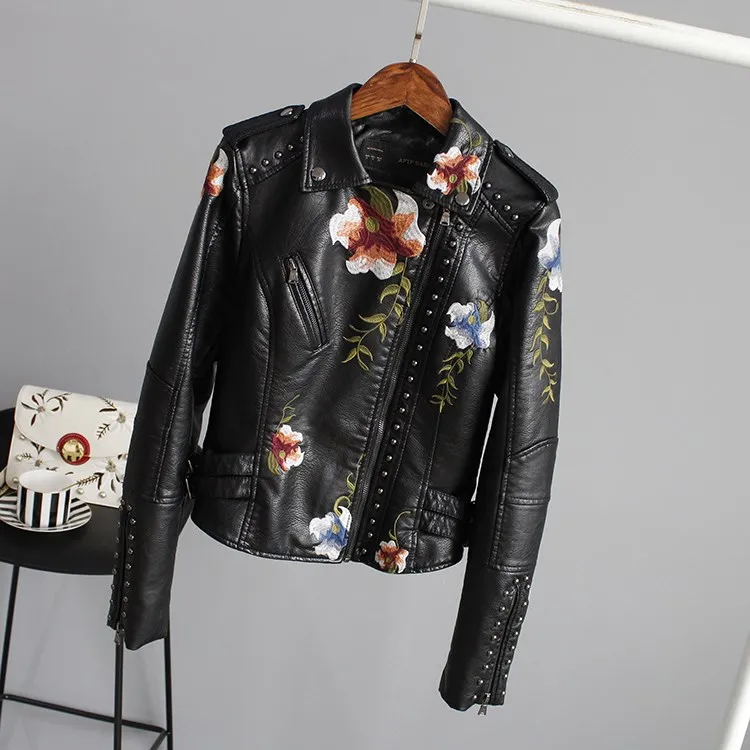 Women's Elegant Floral Embroidery Faux Leather Jacket Black Display