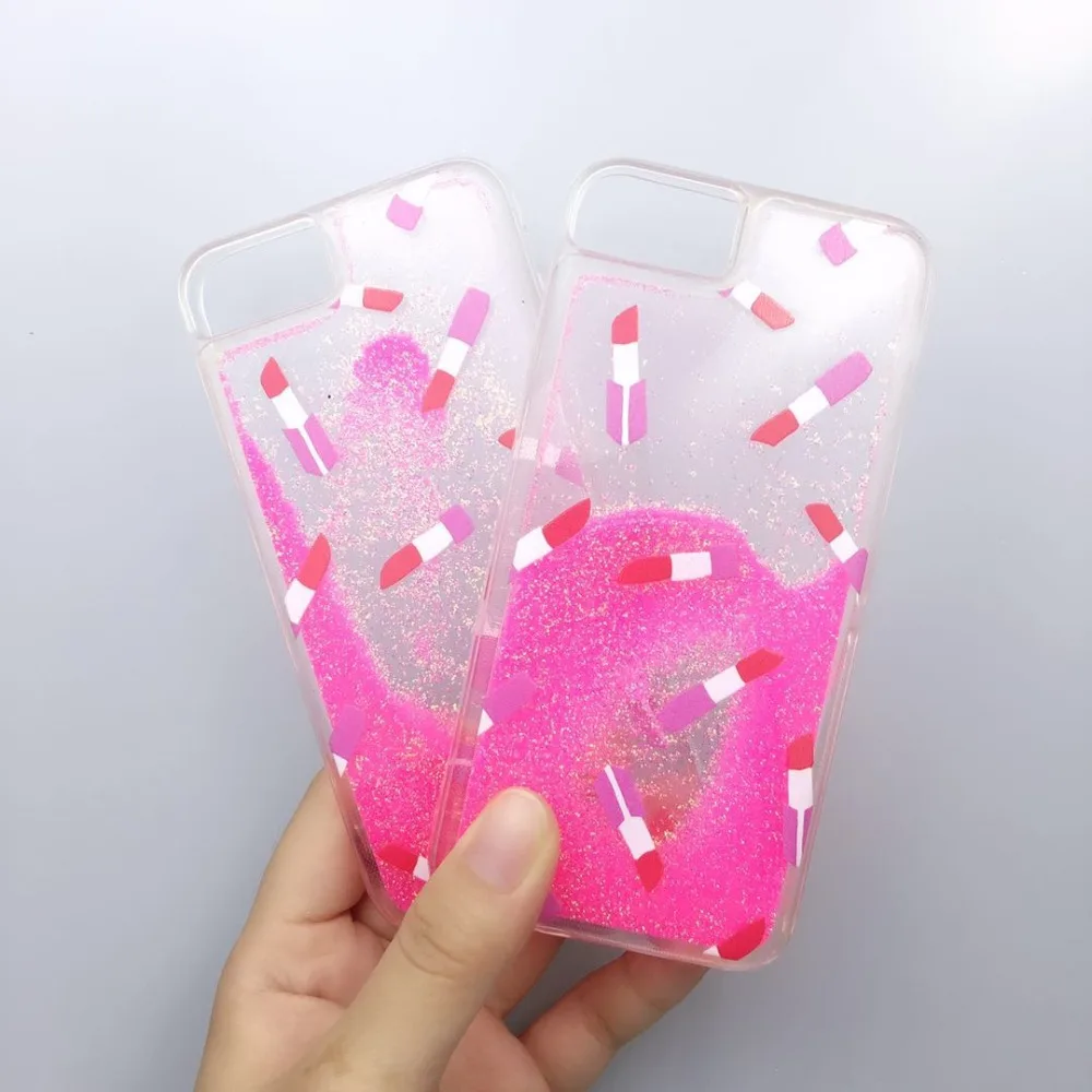

Colorful lipstick Patterns Moving Glitter Liquid Quicksand Phone Case For iphone 6 7 8 plus Bling Colours Quick Sand Cover Shell