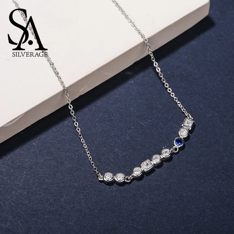 

SA SILVERAGE 925 Sterling Silver Blue/White Zirconia Choker Necklace For Women 925 Silver Pendant Chain Necklaces 2019 New Style