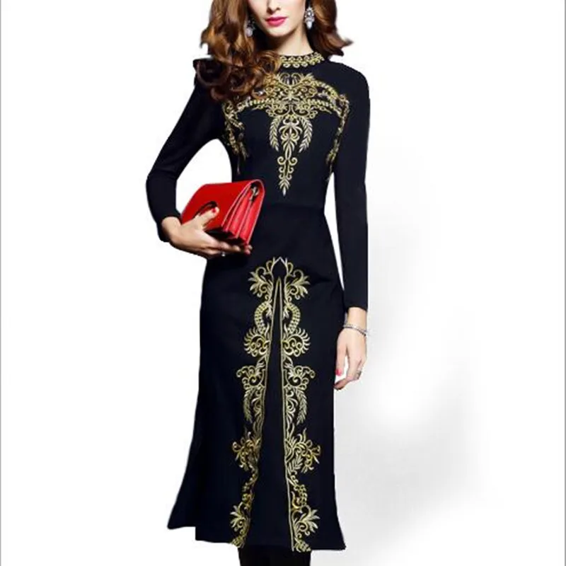 

Plus Size Autumn Women Black Dress 2018 Runway Gold Embroidery Long Sleeve Stretch Elegant Split Party Dress Vestidos QV176