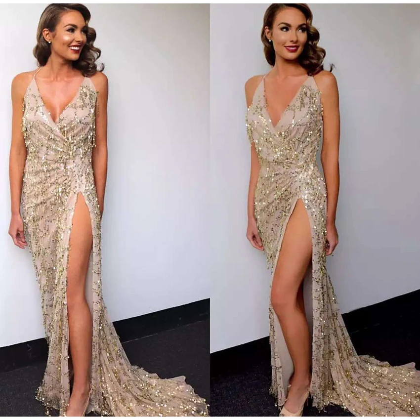 

HIGH QUALITY New Fashion 2017 Sexy Party Dress Women's Spaghetti Strap Bling Sparkle Sequined Slit Wrap Long Dress