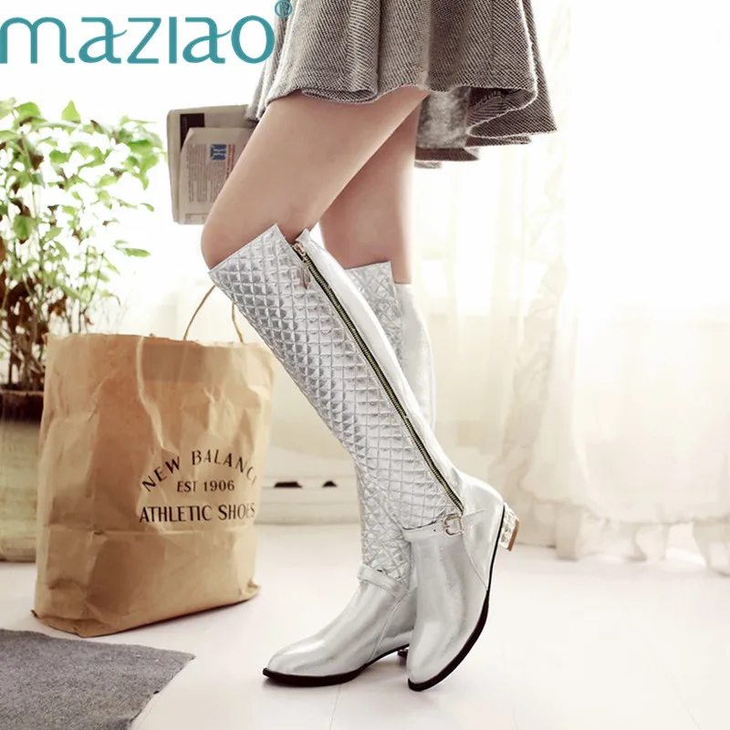 

High Quality Winter Women Sexy Solid Sequined 3 Colors Knee High Boots Fashion Square Heel Shoes Female Sexy Sequined MAZIAO