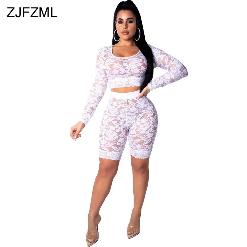 

Lace Crochet Sexy 2 Piece Matching Set Women O Neck Long Sleeve Crop Top And Bandage Shorts Vintage Hollow See Through Tracksuit