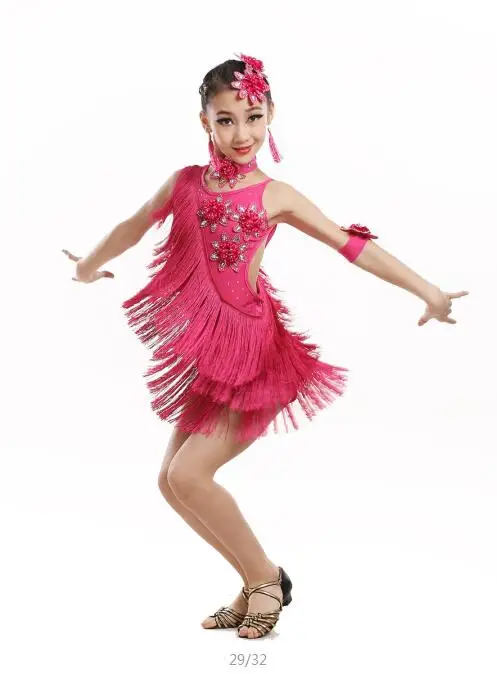 Детские Сценические костюмы для латио-американских танцев(для ча-девичьи Бальные, украшенные бахромой и кисточками; Танцы «Холодное торжество», расшитое пайетками; бахрома для сальсы для самбы танцевальная одежда костюмы - Цвет: Розовый