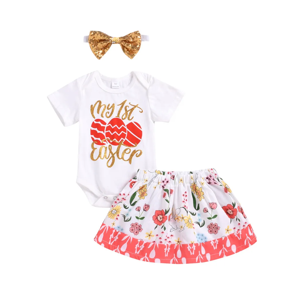 

Children Clothing Set Infant Baby Girls Easter Egg Letter Romper Bodysuit Skirt Hair Band Outfit Sets Baby Clothes Girl
