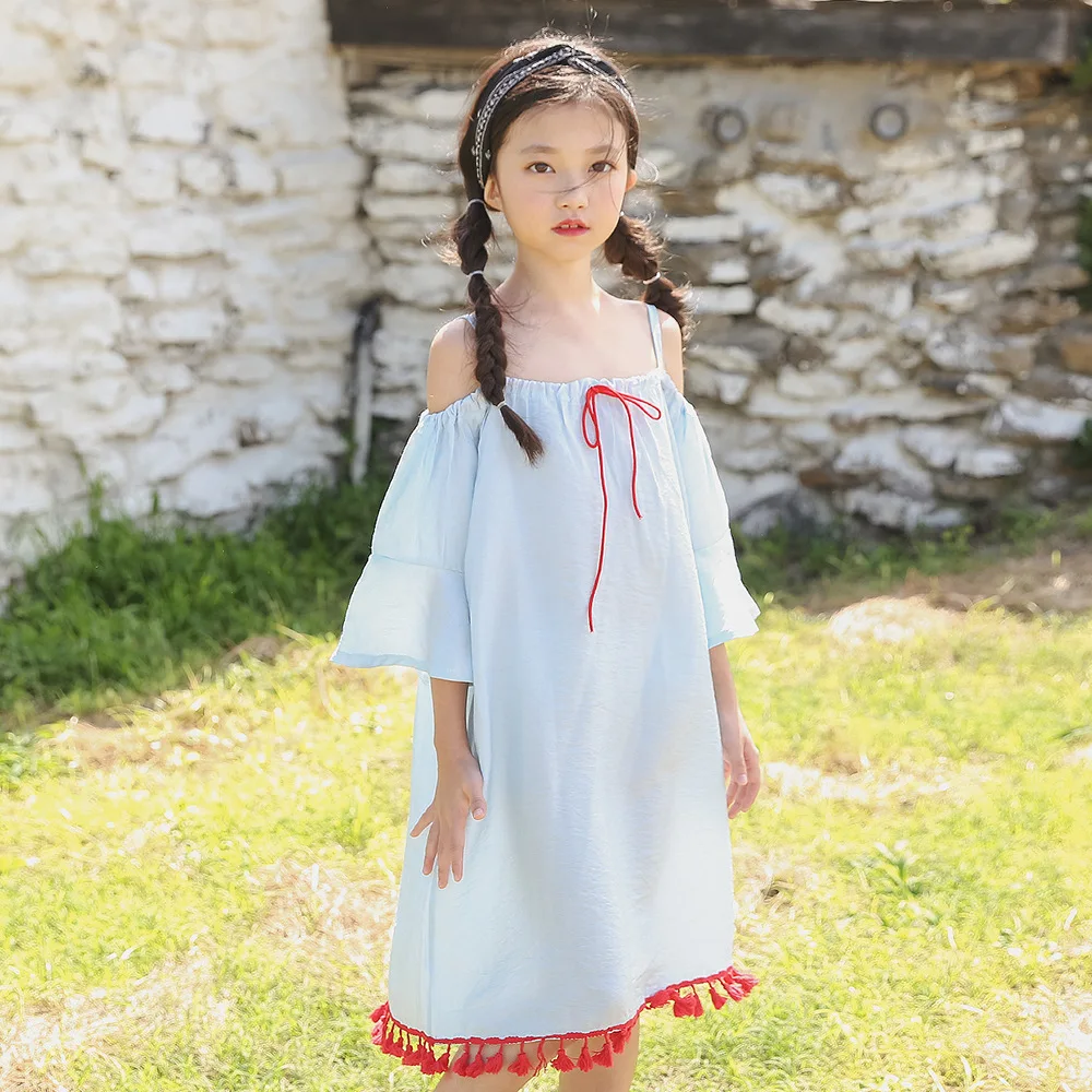Teen Girls Dress With Red Tassel Fashion Off Shoulder Summer Kids Princess Beach Dress Casual Clothes for Beach Holiday Vestidos