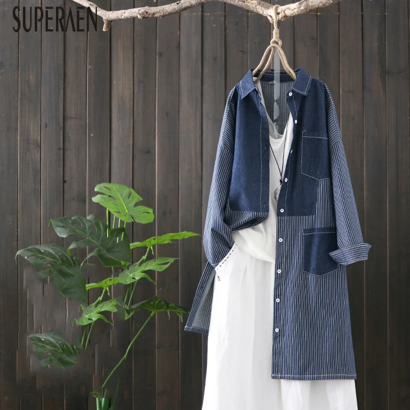 

SuperAen Striped Denim Shirt Female 2019 Autumn New Fashion Women Blouses Wild Loose Pluz Size Casual Women Clothing