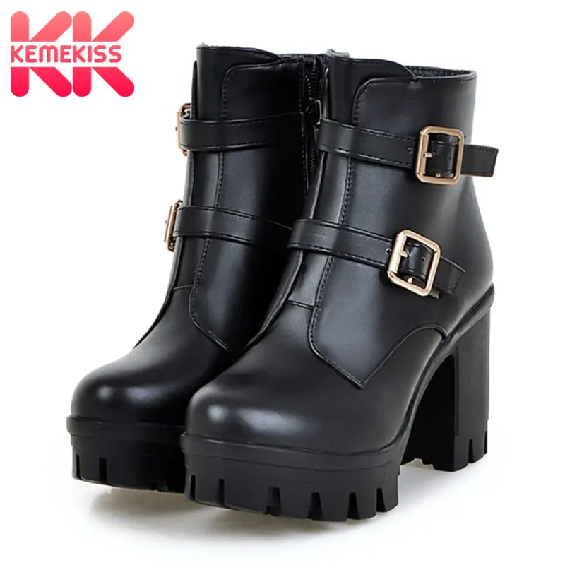 

KemeKiss New Women High Heels Ankle Boots Winter Platform Warm Women's Shoes Fashion Metal Buckle Zipper Short Boots Size 33-43