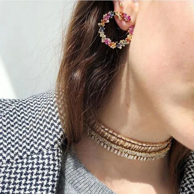

2019 Luxury Gold color round circle geometric stud earrings Baguette rainbow colorful cz paved fashion trendy jewelry for women
