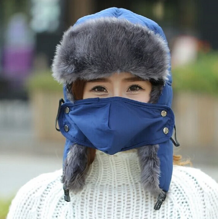 Unisex Men women Winter Mask Bomber Hats Earflap Warm Ski Hat With Mask