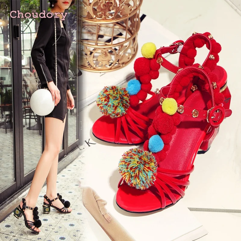 

European station hand-painted hair ball sandals diamond rhinestones retro with high-heeled shoes wind leather woman sandals