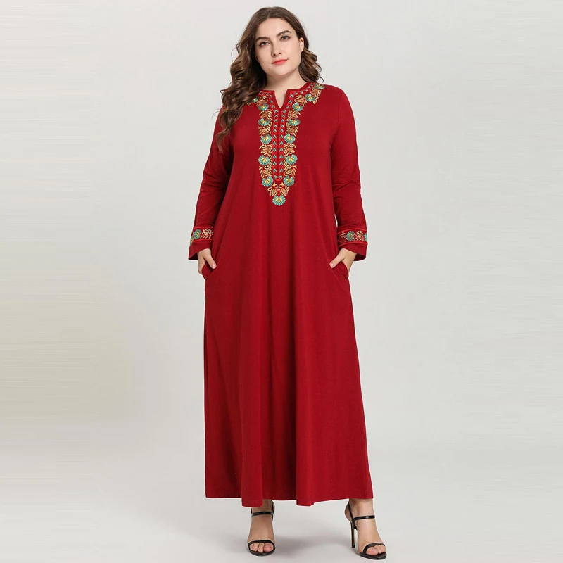 2019 арабское платье Элегантное однотонное длинное платье макси с длинными рукавами и вышивкой одеяние мусульмане Longue красный розовый