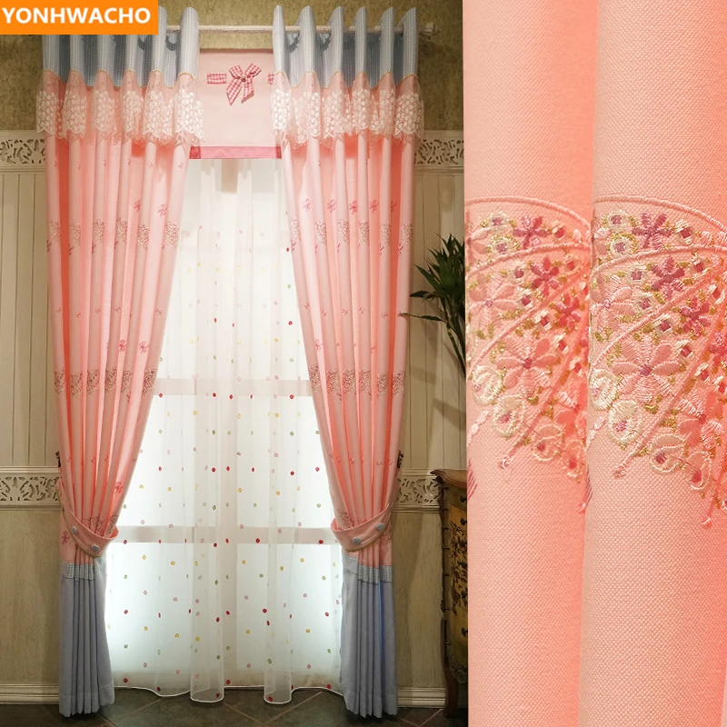 

Custom curtains luxury Flower umbrella embroidered princess cartoon girl pink cloth blackout curtain tulle drapes N832