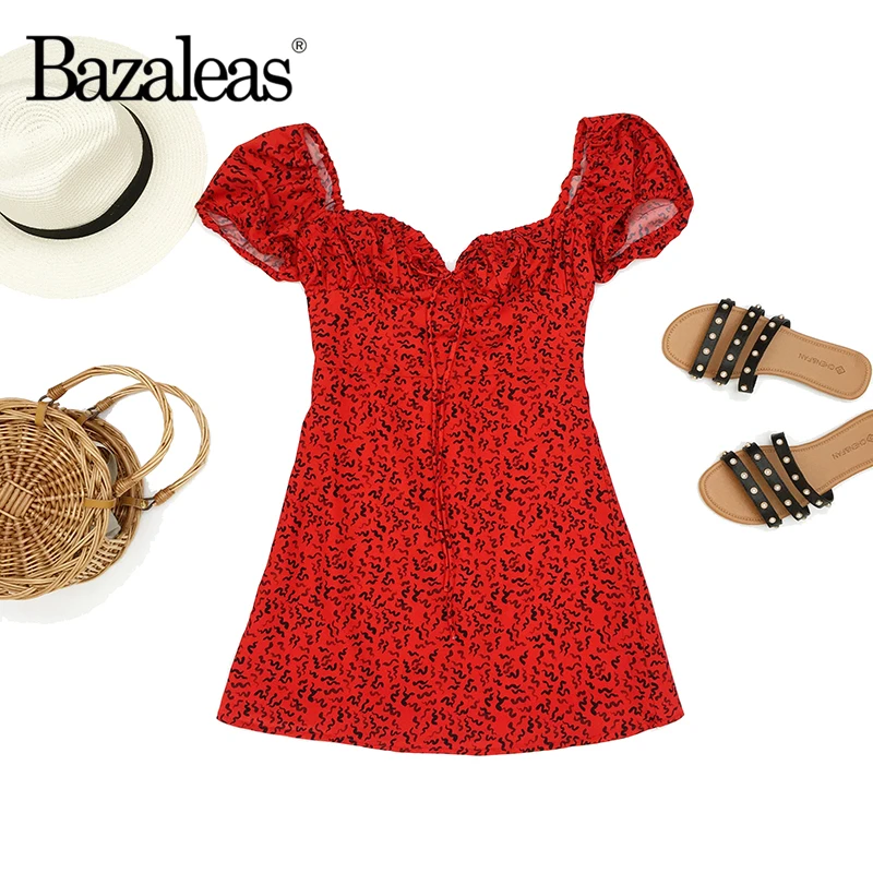 Bazaleas Adjustable tie string shoulder vestido Red Squiggle summer