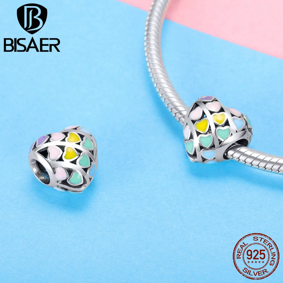 BISAER Real 925 Sterling Silver Rainbow Heart Color Enamel Charms Beads fit Original Bracelets Silver 925 Jewelry Making ECC902
