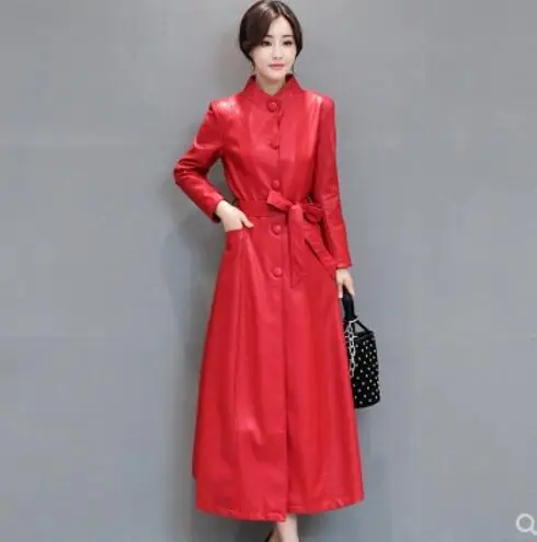 Высококачественная одежда из искусственной кожи осенне-зимняя Женская Длинная кожаная куртка Vogue пояс добавить хлопковое пальто плюс размер 5XL - Цвет: Красный