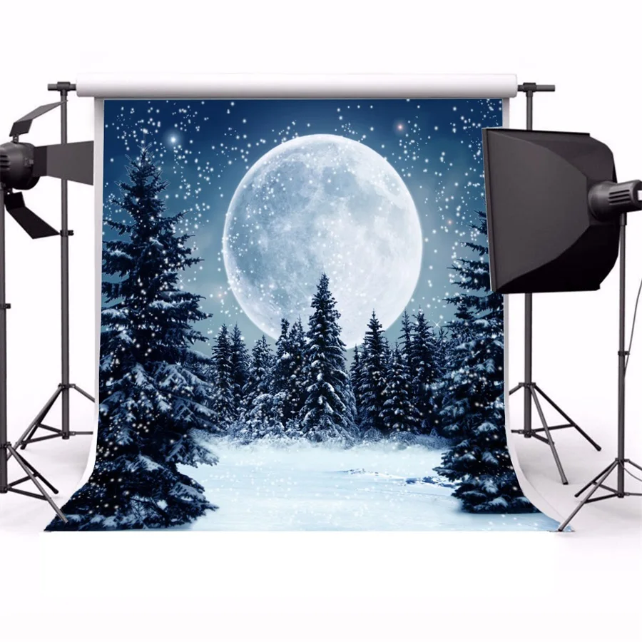 Laeacco Winter Snow Moon Night Forest Scene Baby Children Photography Backgrounds Custom Photographic Backdrops For Photo Studio
