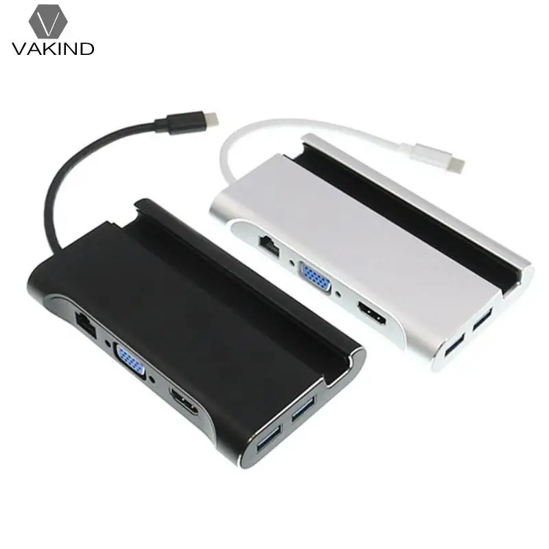 

VAKIND VAKIND 7 in 1 Type-C to HDMI VGA RJ45 3xUSB3.0 HUB Adapter Splitter Converter Cable Wire with Groove Phone Holder
