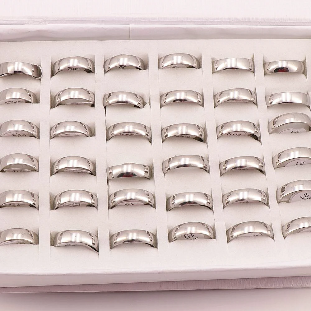 50 шт./лот, 6 мм, классические модные кольца из нержавеющей стали, обручальное кольцо для влюбленных мужчин и женщин, сферическая полированная поверхность внутри