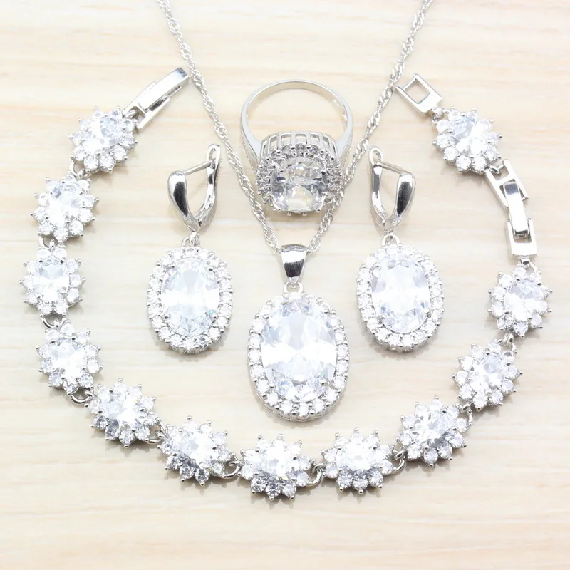 

Happy Women Wedding Accessories 925 Sterling Silver Hight Quality Natural White Crystal Zircon Jewelry Sets Ring Size 6/7/8/9/10