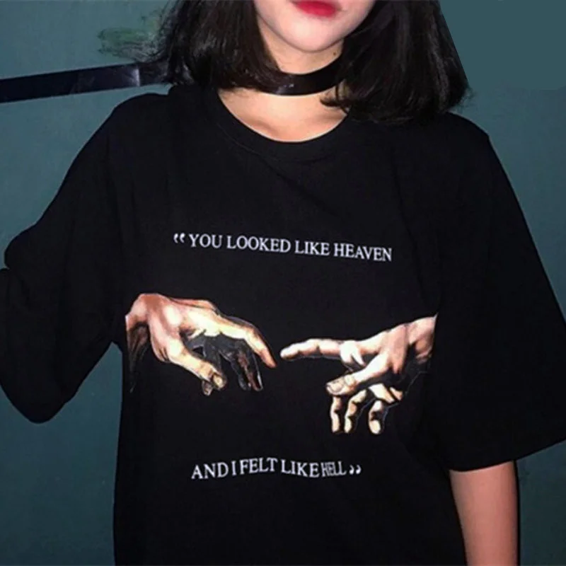 Черная футболка Dreamlikelin летняя женская с надписью You Look Like Heaven and I Felt Hell уличная