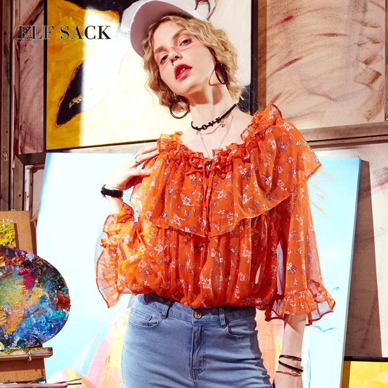 

ELF SACK Women Chiffon Floral Printing Blouses Female Ruffles Slash Neck Sexy See Through Flare Sleeve Thin Blouses Tops Prints