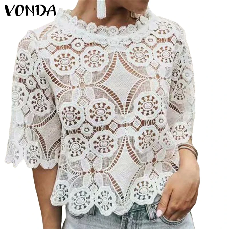 Белая блузка VONDA размера плюс, женские сексуальные кружевные топы с круглым вырезом и коротким рукавом, повседневные офисные женские рубашки, богемная блуза