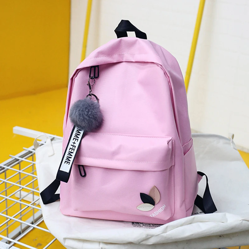 

pink girl backpack for women Fashion fur ball Solid nylon back pack schoolbag College wind backbag bagpack mochila 2019 spring
