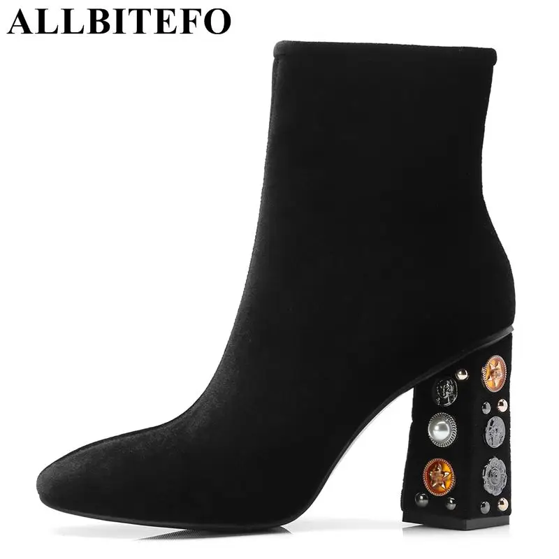 

ALLBITEFO brand super high heel shoes women boots soft girls ankle ladies boots metal design fashion sexy motocycle boots botas