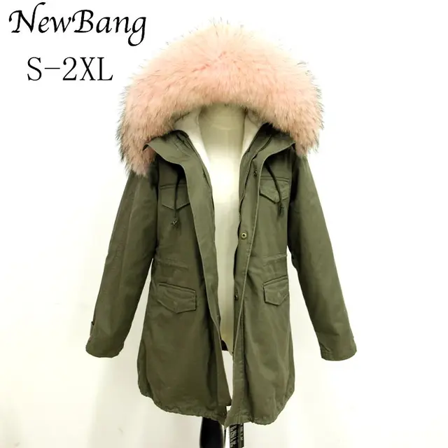 Cheap Women Racoon Fur Hoody Jacket Winter Parkas Large Real Fur Collar Parka Faux Fur Liner Thickening Warm Long Coat  