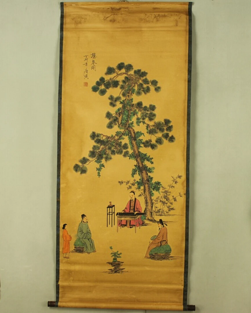

Antique painting traditional Chinese 3 people under a tree Listening to the Zither painting scroll painting,old paper painting