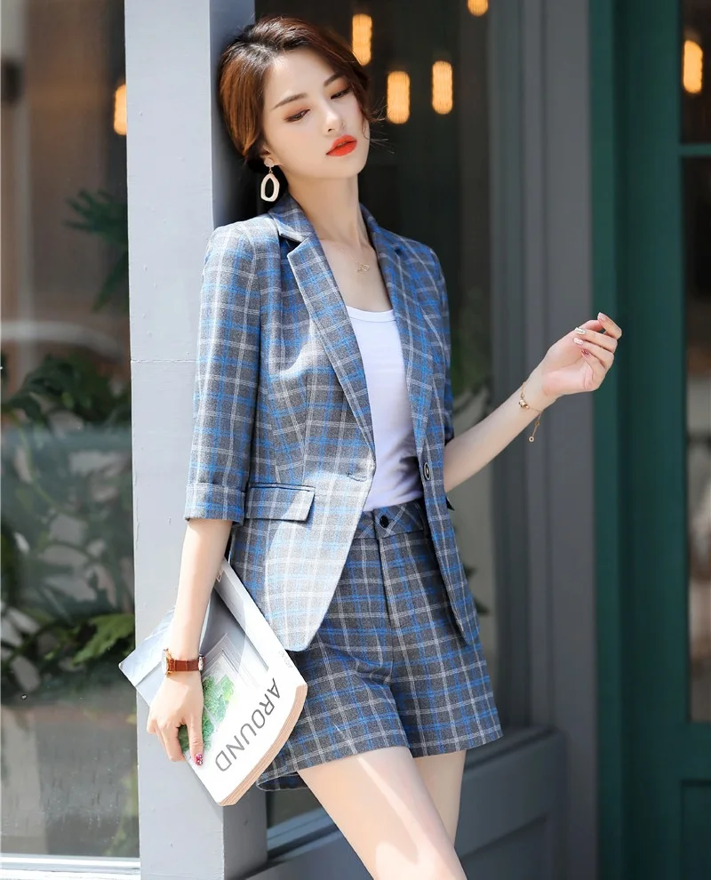 Women Business Suits Ladies Work Wear Blazer and Jacket Sets Blue Plaid ...