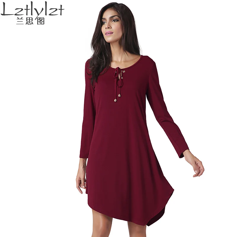 Lztlylzt 2016 Женщины Платье Свободные Vestidos Длинные Рукава Шею Причинно Платья Длиной