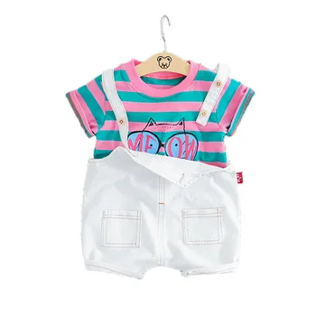 

Summer Girls Clothing Sets Baby Kids Clothes Suit Children Short sleeve Striped T-Shirt +Bib pants roupas infantil meninas