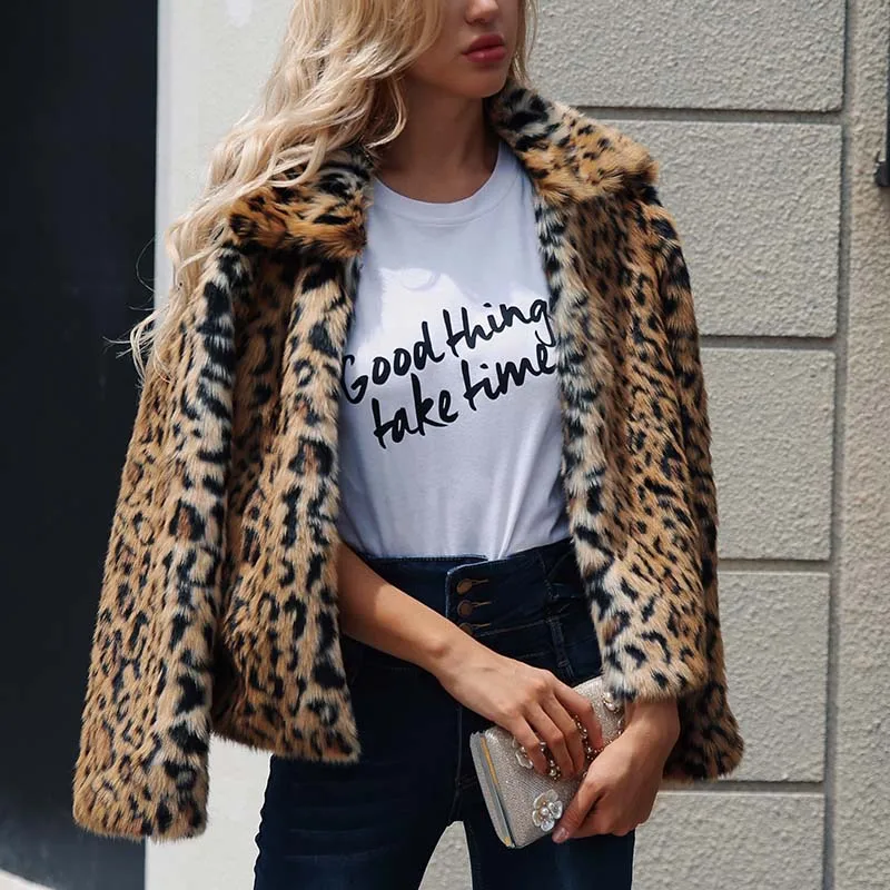 

New Luxury Faux Fur Coat Leopard Print Winter Jacket Turn Down Collar Slim Women'S Outerwear Casaco Feminino Invierno Mujer