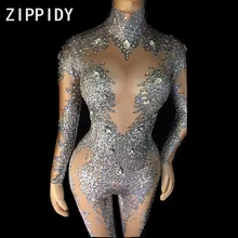 Яркие, большие стразы, серый узор, комбинезон, тянущиеся леггинсы, для ночного клуба, певица, танцовщица, одежда для шоу, женские, вечерние, сексуальные боди