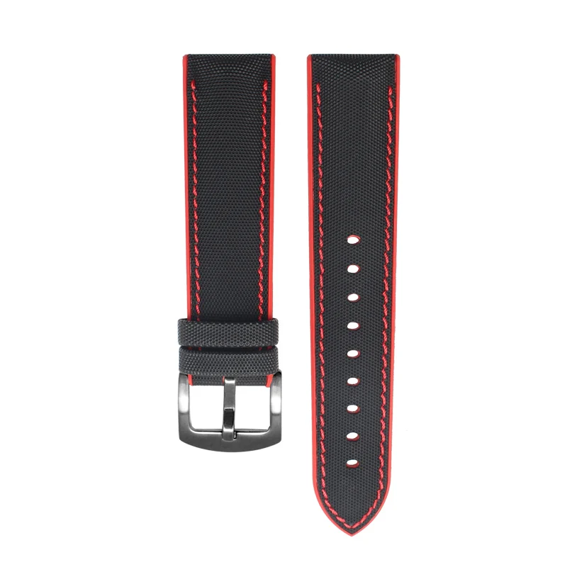 Ремешок для часов из перлона 18 мм 20 мм 22 мм 24 мм водонепроницаемый силиконовый нижний ремешок для часов нейлоновый ремешок для часов прошитый ремень - Цвет ремешка: black red black