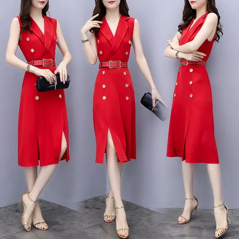 

2019 business Elegant Office Lady Bodycon Dress Summer Women sleeveless double buckle Wear to Work clothes black slim vestidos