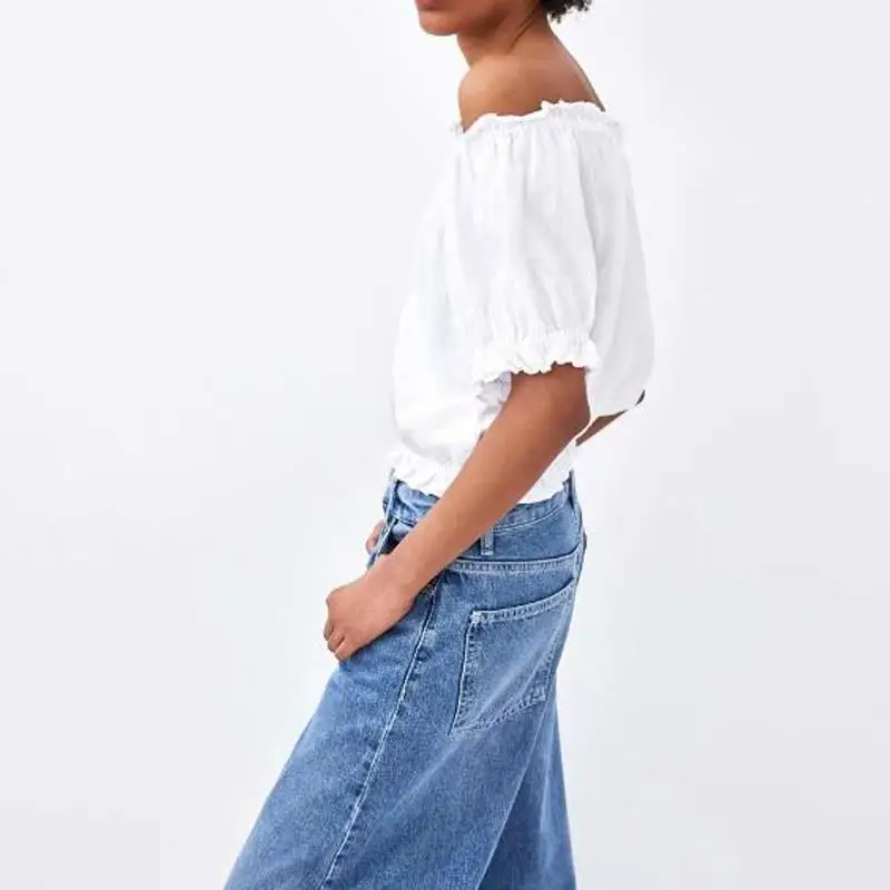 Blusas mujer de moda 2018 Женские топы и блузки белая рубашка с вырезом лодочкой корейские