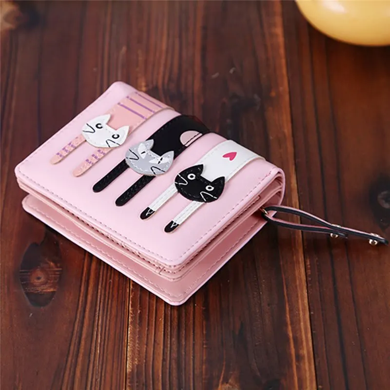 بو الجلود Bifold صور عملة بطاقة أصحاب السيدات الوظائف مخلب محفظة جميل الكرتون لطيف القط محفظة صغيرة النساء