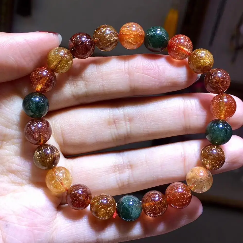 

Natural Colorful Rutilated Quartz Copper Gold Green Bracelet Women Men 9.6mm Crystal Round Beads Gemstone Jewelry AAAA