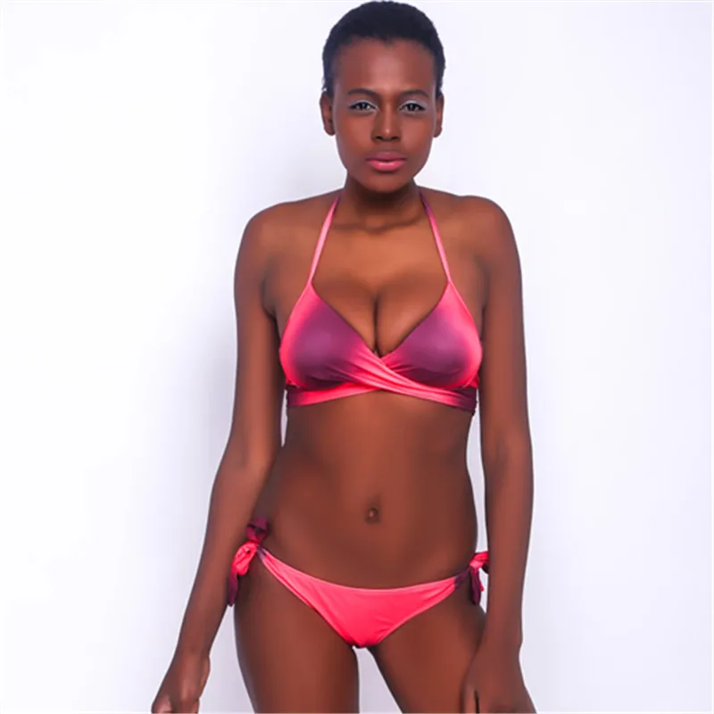 

2018 Bandage Cross Women Bikini Set Pink Swimwear Summer Bathing Suit Strap Tied Neck Sexy Biquini