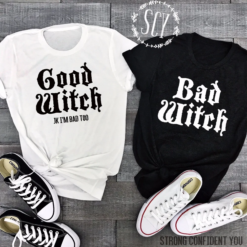 Lei-SAGLY, футболки для пары, топ с надписью «BAD WITCH GOOD WITCH», Женская Повседневная футболка, топы для Хэллоуина