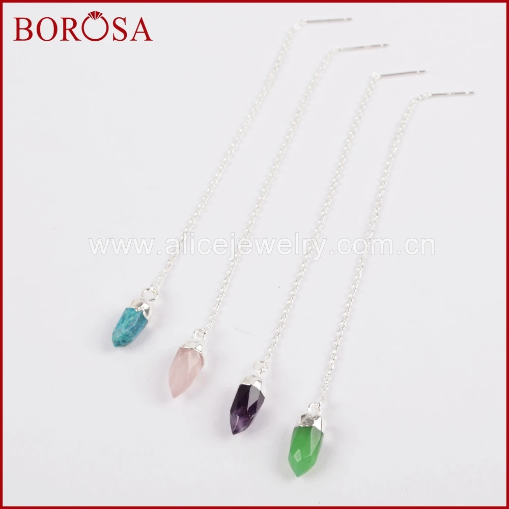 

BOROSA Fashion Drusy Drop Earrings, Silver Color Multi Stones Quartz Blue Howlite Stone Tiny Spike Thread Earrings S1309